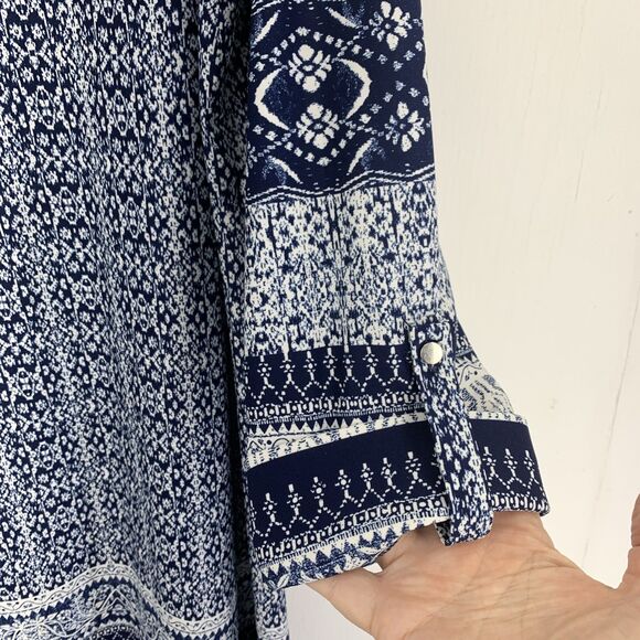 New Directions Womens Large Midi Dress Blue White Cottage Boho Beach Stretch - Picture 4 of 8